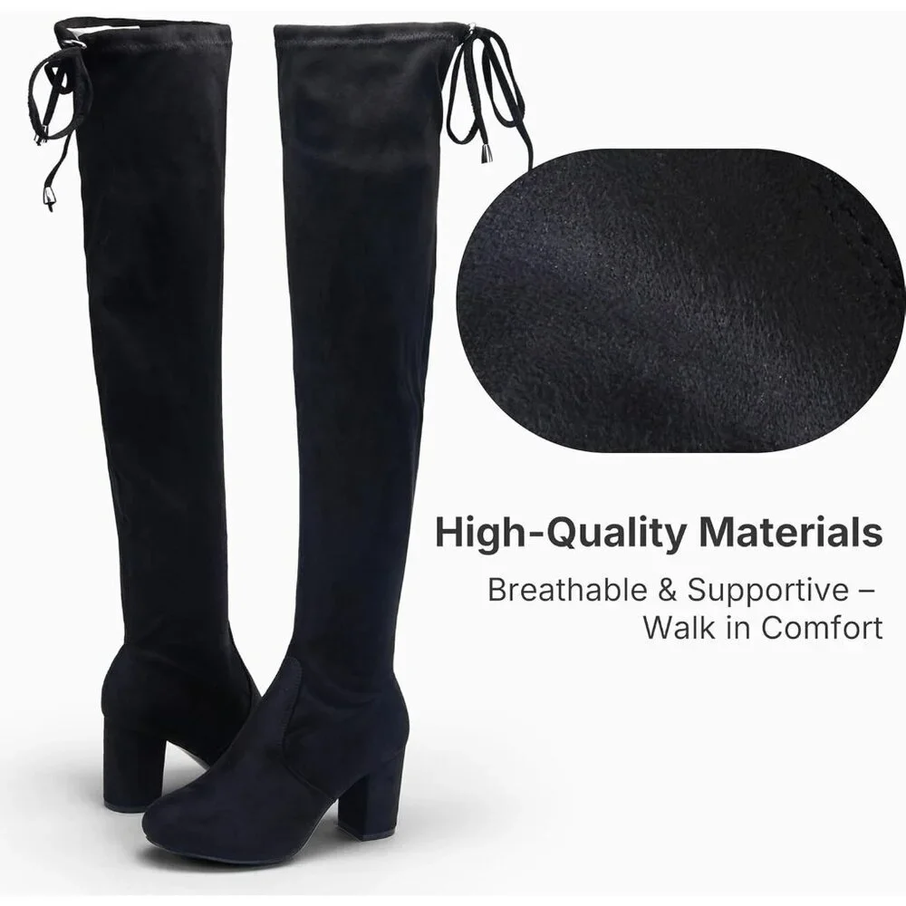 Women's Black Suede Chunky Heels Zipper Over The Knee High Adjustable Boots